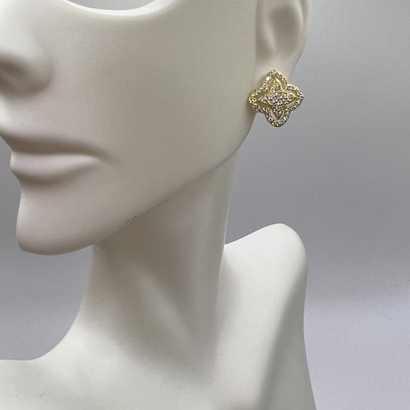 925 Silver/Gold Pave Diamond CZ Floral Stud Earrings - Picture 5 of 5